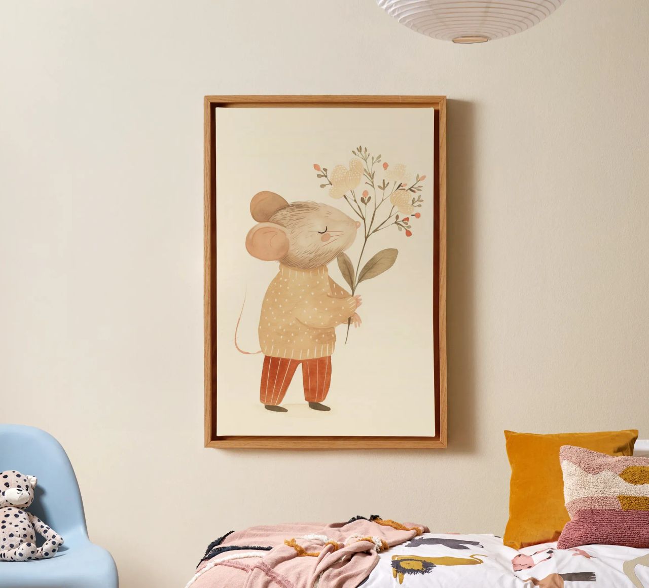 Aquarell Maus hält Blumen, Kinderzimmer Druck Leinwand von Little Lola