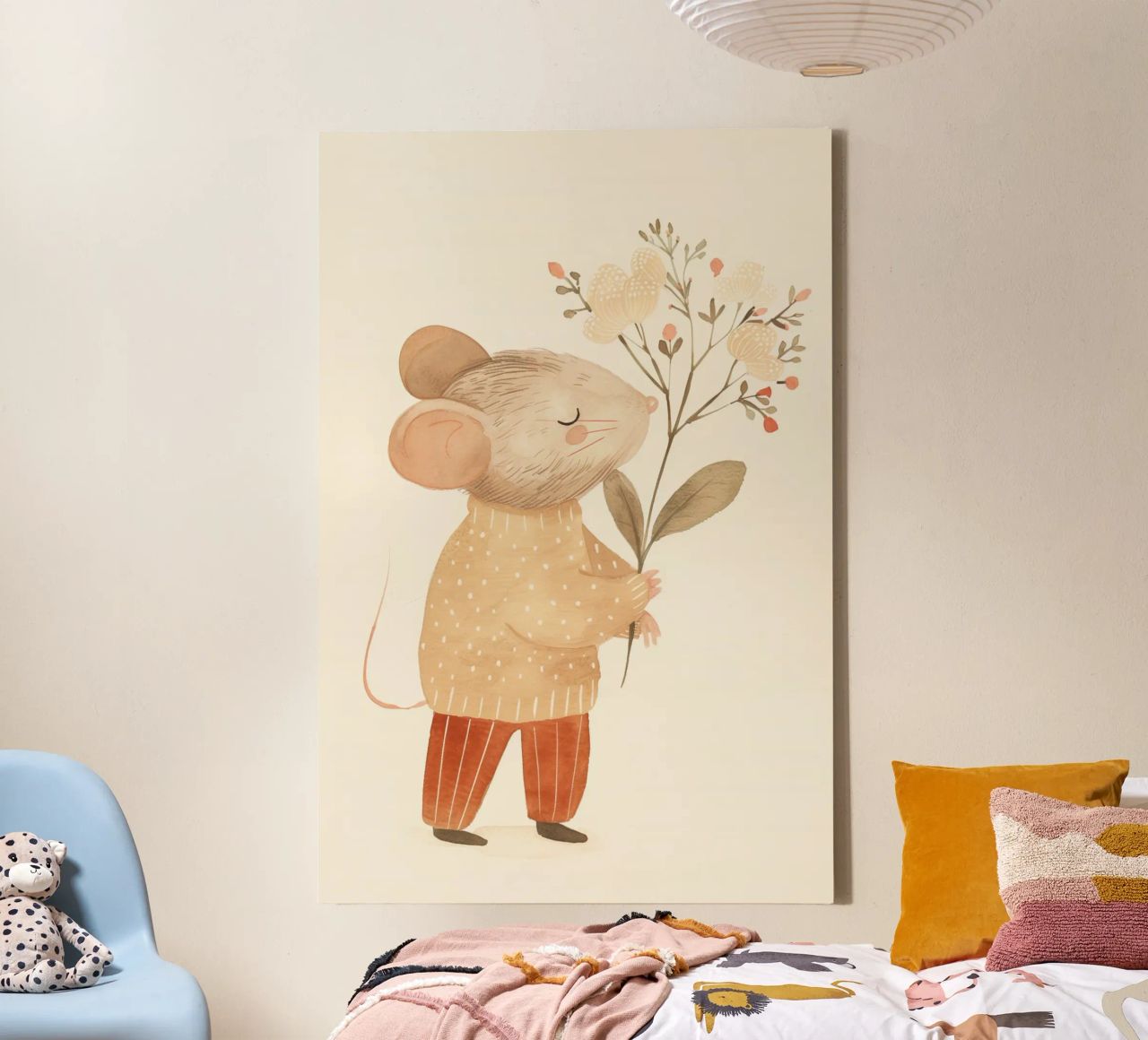 Aquarell Maus hält Blumen, Kinderzimmer Druck Leinwand von Little Lola