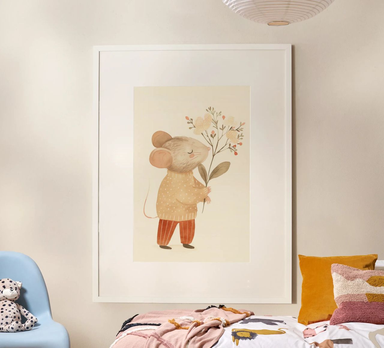 Aquarell Maus hält Blumen, Kinderzimmer Druck Poster von Little Lola