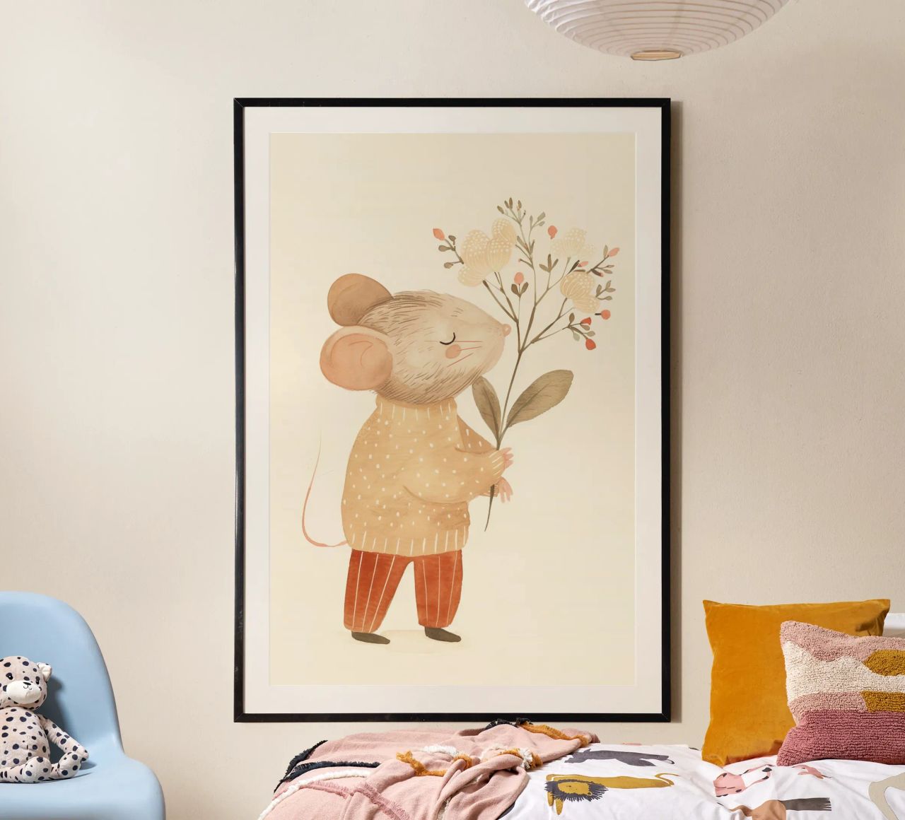 Aquarell Maus hält Blumen, Kinderzimmer Druck Poster von Little Lola