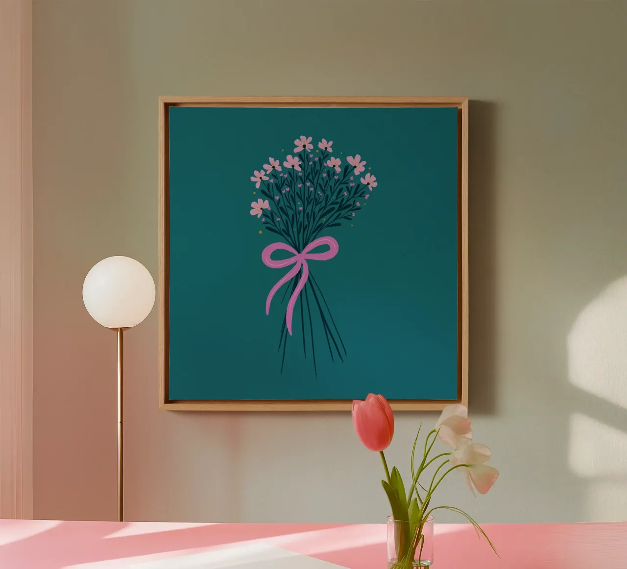Floral Bouquet With Bow Pink and Turquoise canvas with Floater frame by Wackapacka