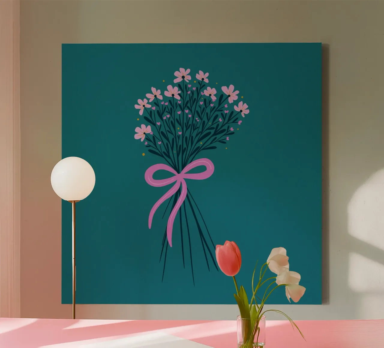 Floral Bouquet With Bow Pink and Turquoise canvas with Floater frame by Wackapacka