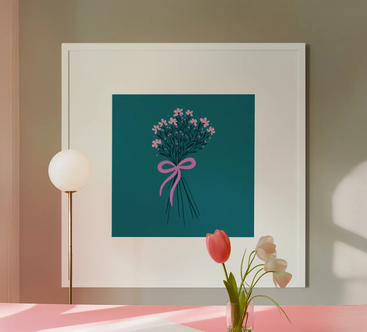 Bouquet floreale con fiocco rosa e turchese poster da Wackapacka