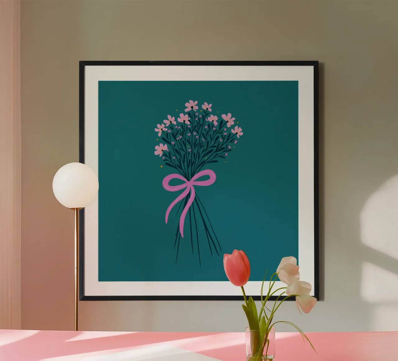 Bouquet floreale con fiocco rosa e turchese poster da Wackapacka