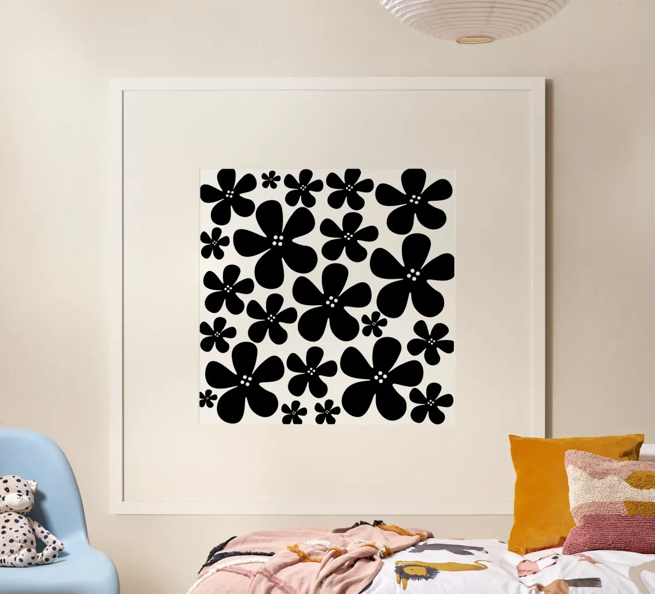 Black flowers pattern poster con telaio in legno da baobabprintstore