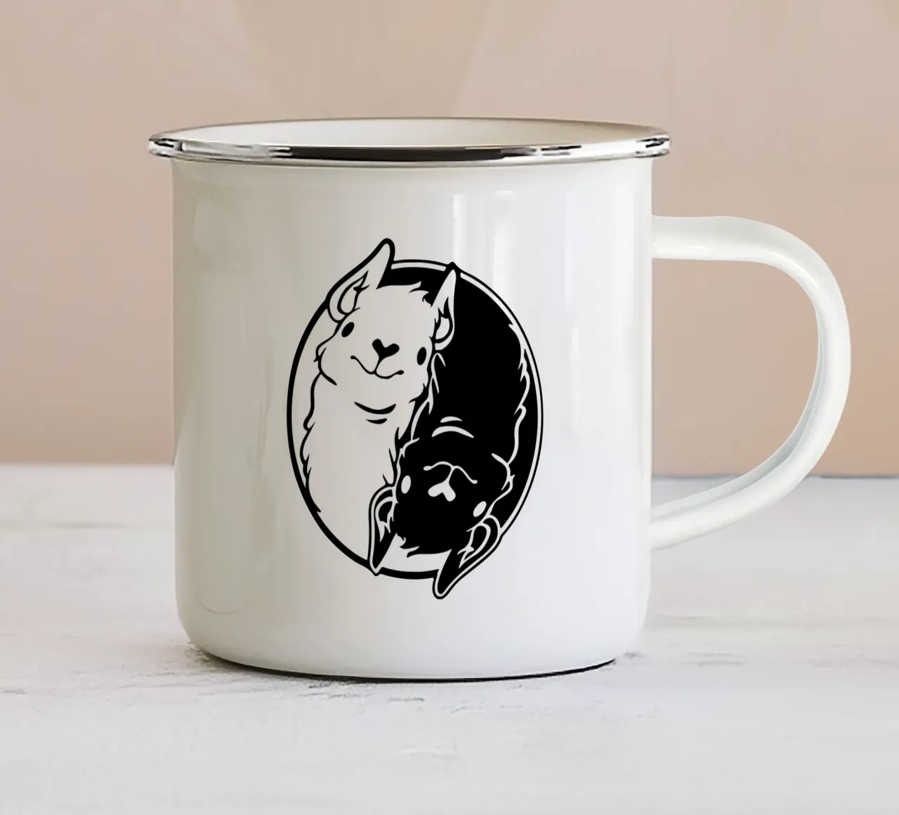 yin en yang lama grappig art design emaille mok van ririedis