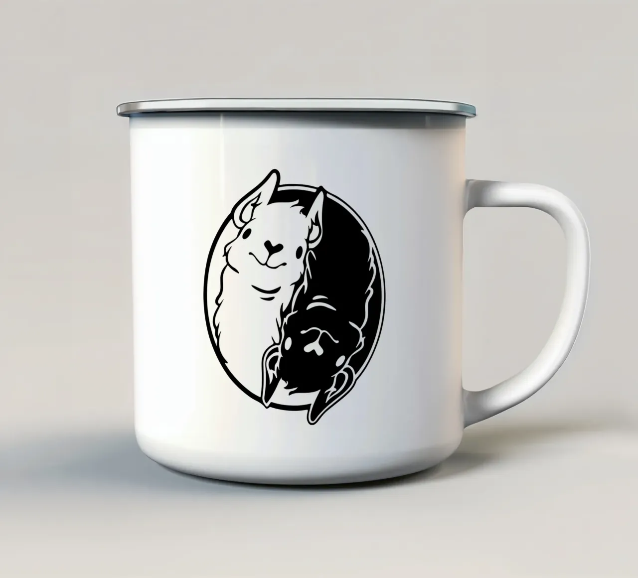 yin en yang lama grappig art design emaille mok van ririedis