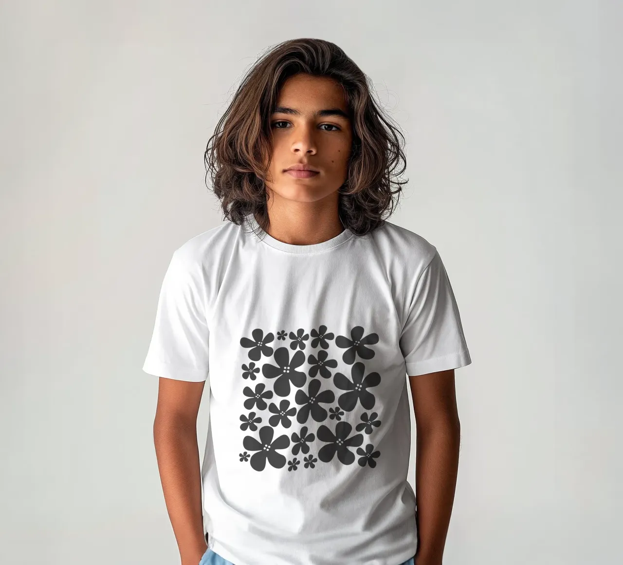 Grey flowers pattern t-shirt bambini da baobabprintstore