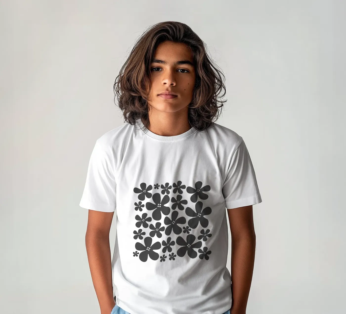 Grey flowers pattern t-shirt bambini da baobabprintstore