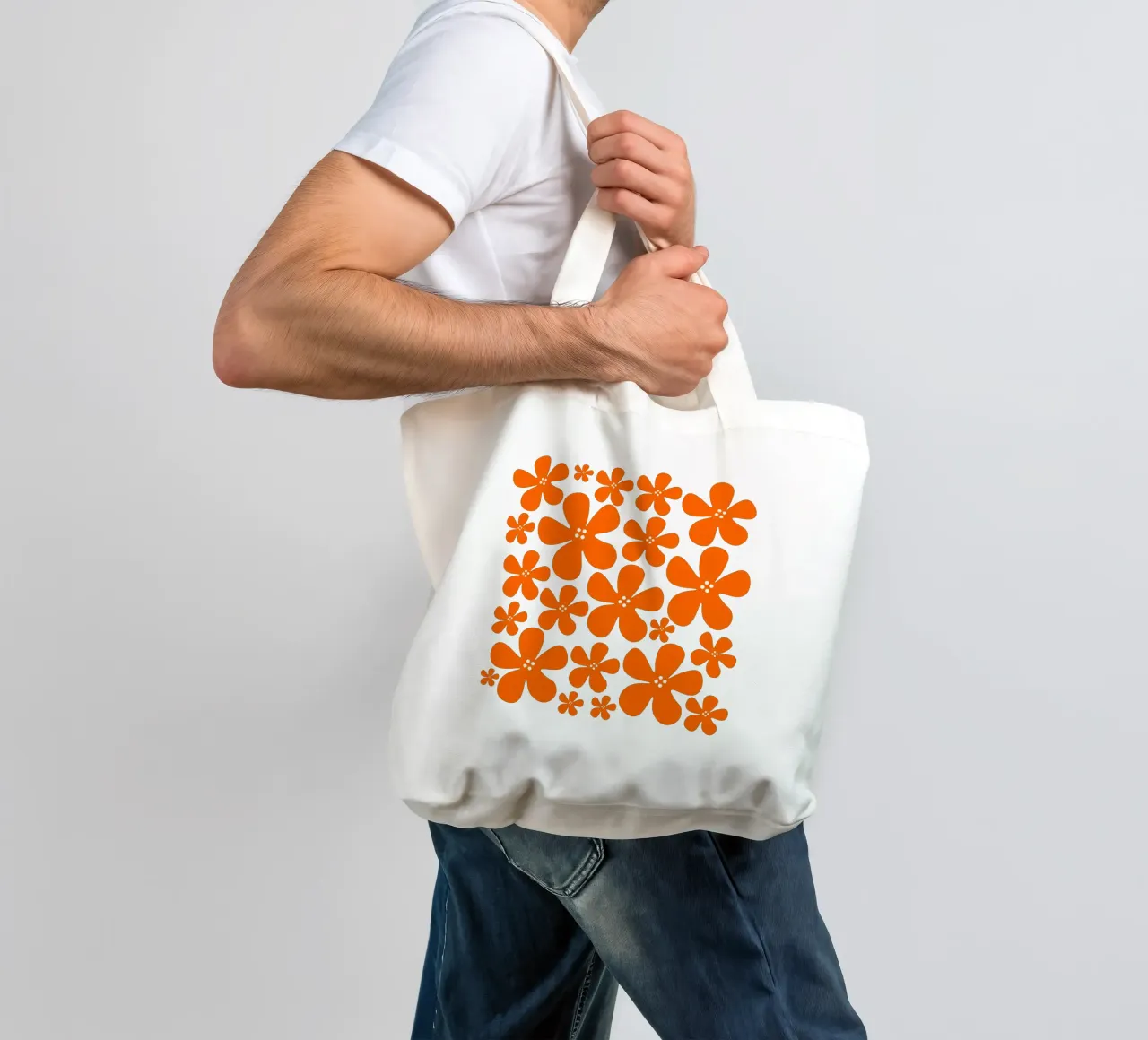 Orange flowers pattern borsa in juta da baobabprintstore
