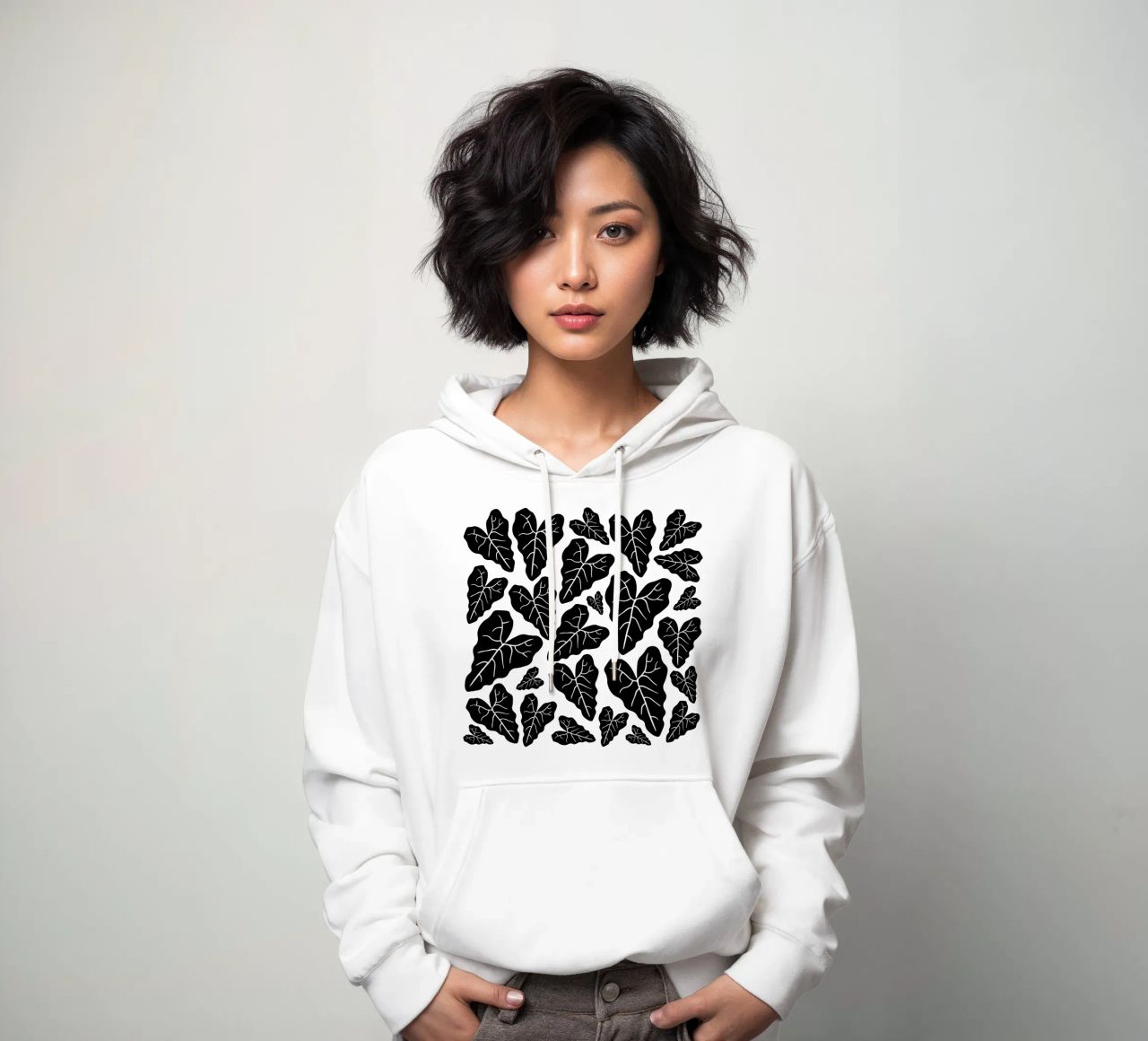 Black leaves pattern felpa con cappuccio da baobabprintstore