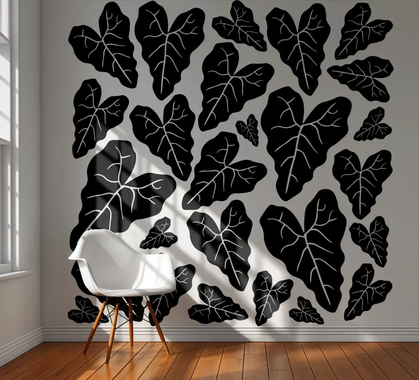 Black leaves pattern fotobehang van baobabprintstore