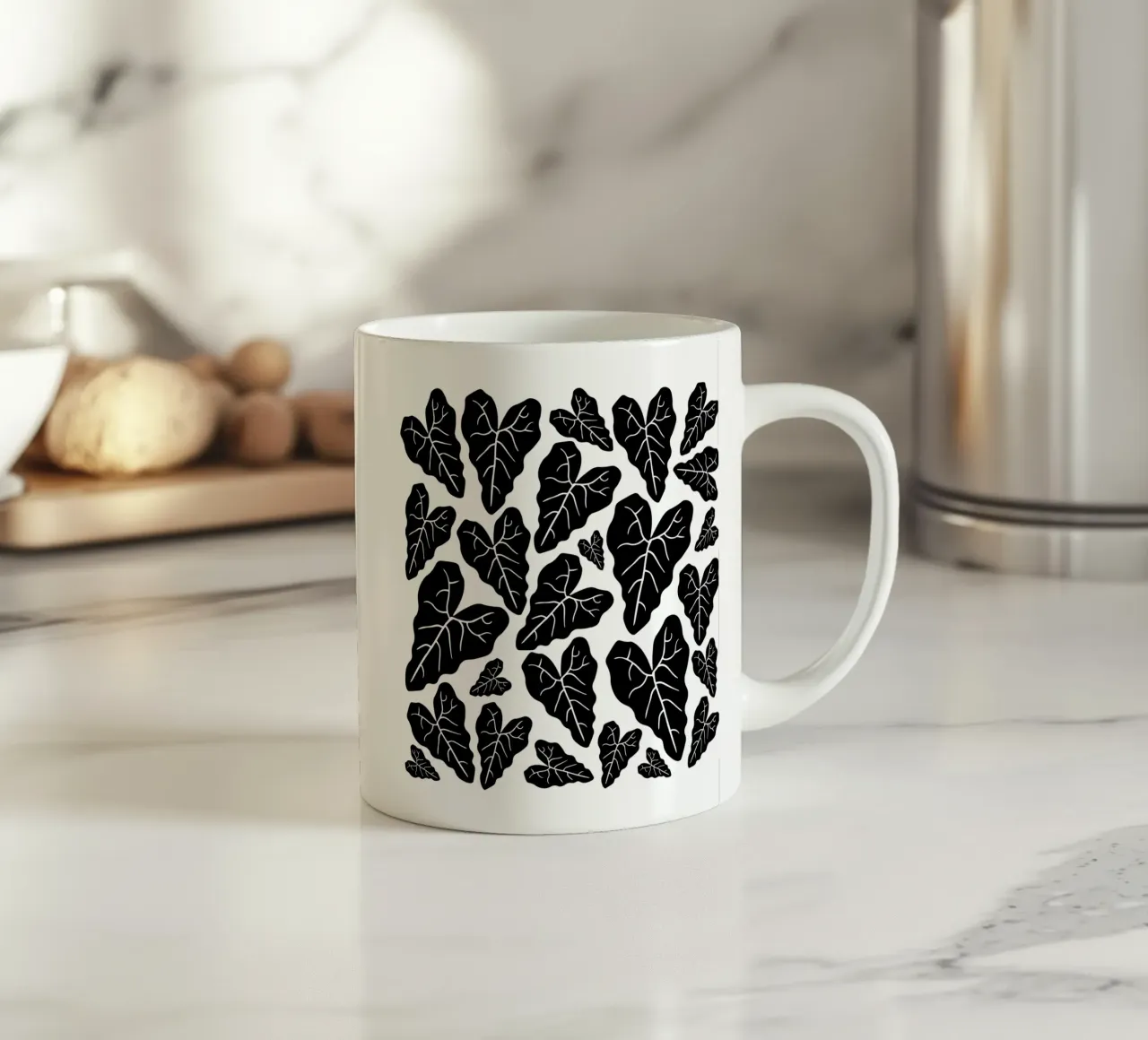 Black leaves pattern keramische mok van baobabprintstore