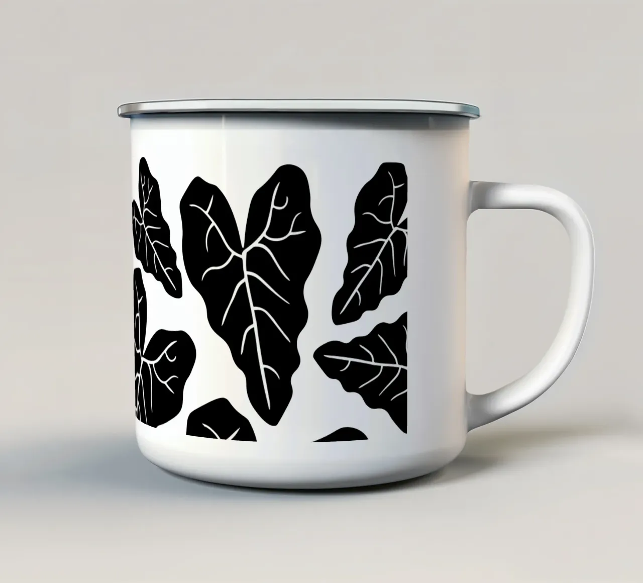 Black leaves pattern emaille mok van baobabprintstore