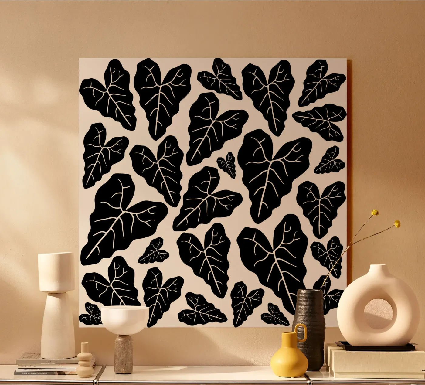 Black leaves pattern alluminio dibond da baobabprintstore