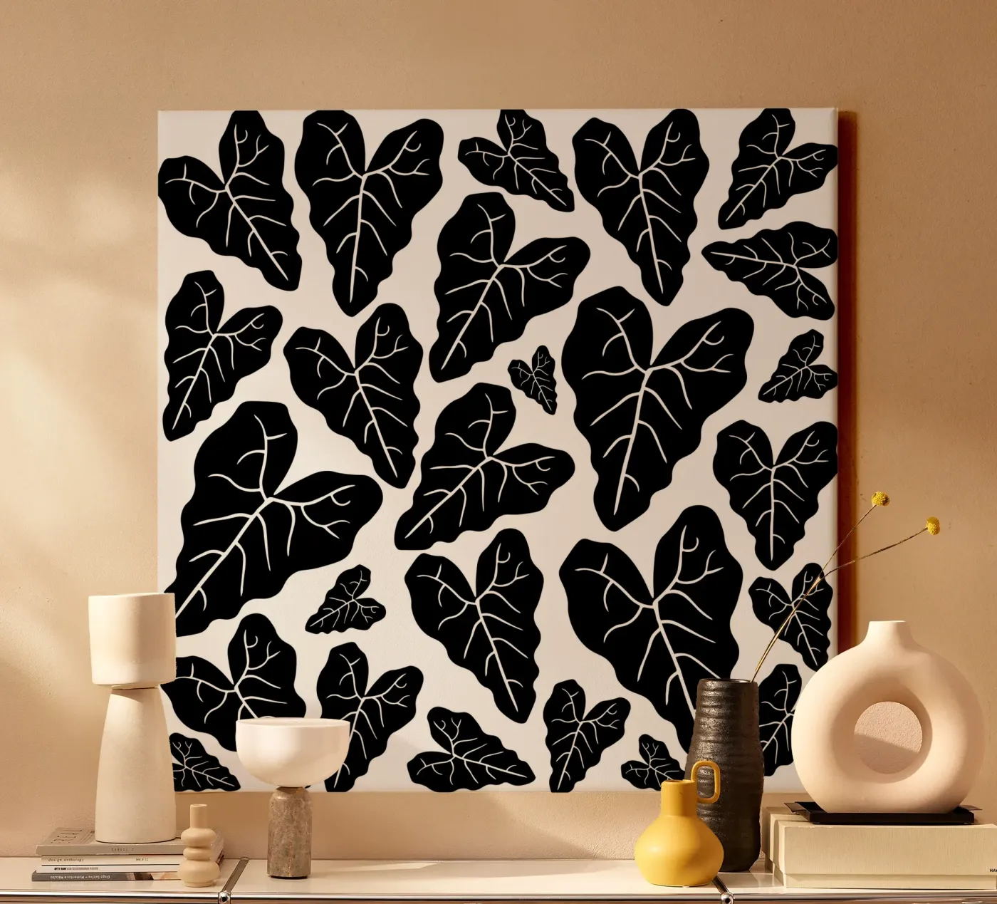 Black leaves pattern Leinwand von baobabprintstore
