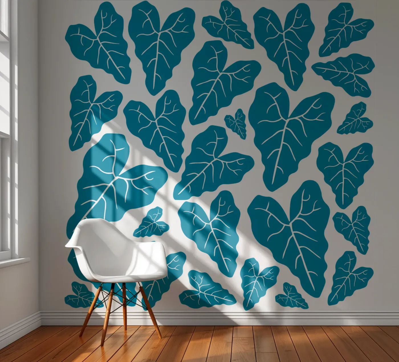 Blue leaves pattern fotobehang van baobabprintstore