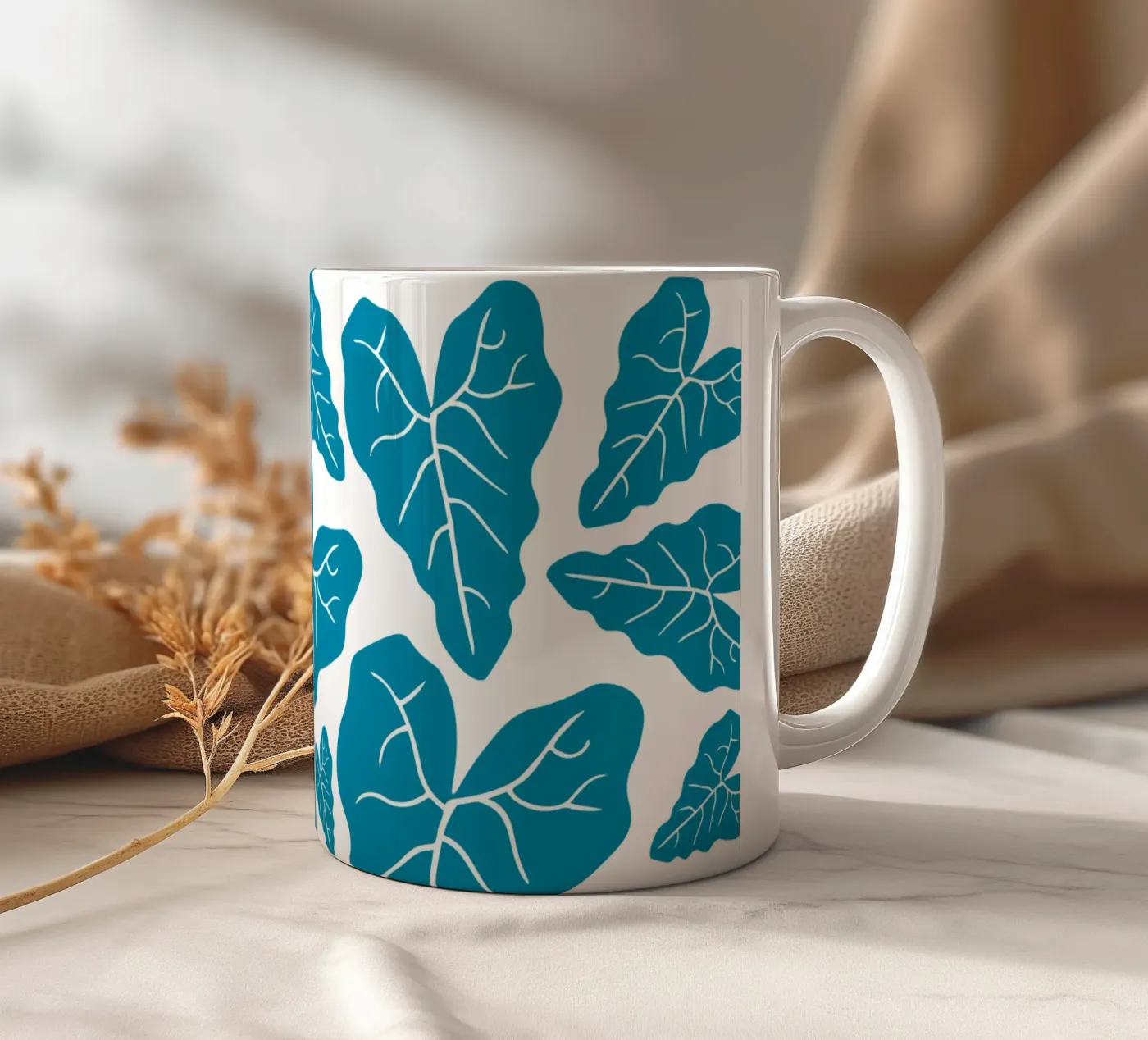 Blue leaves pattern ceramic mug by baobabprintstore