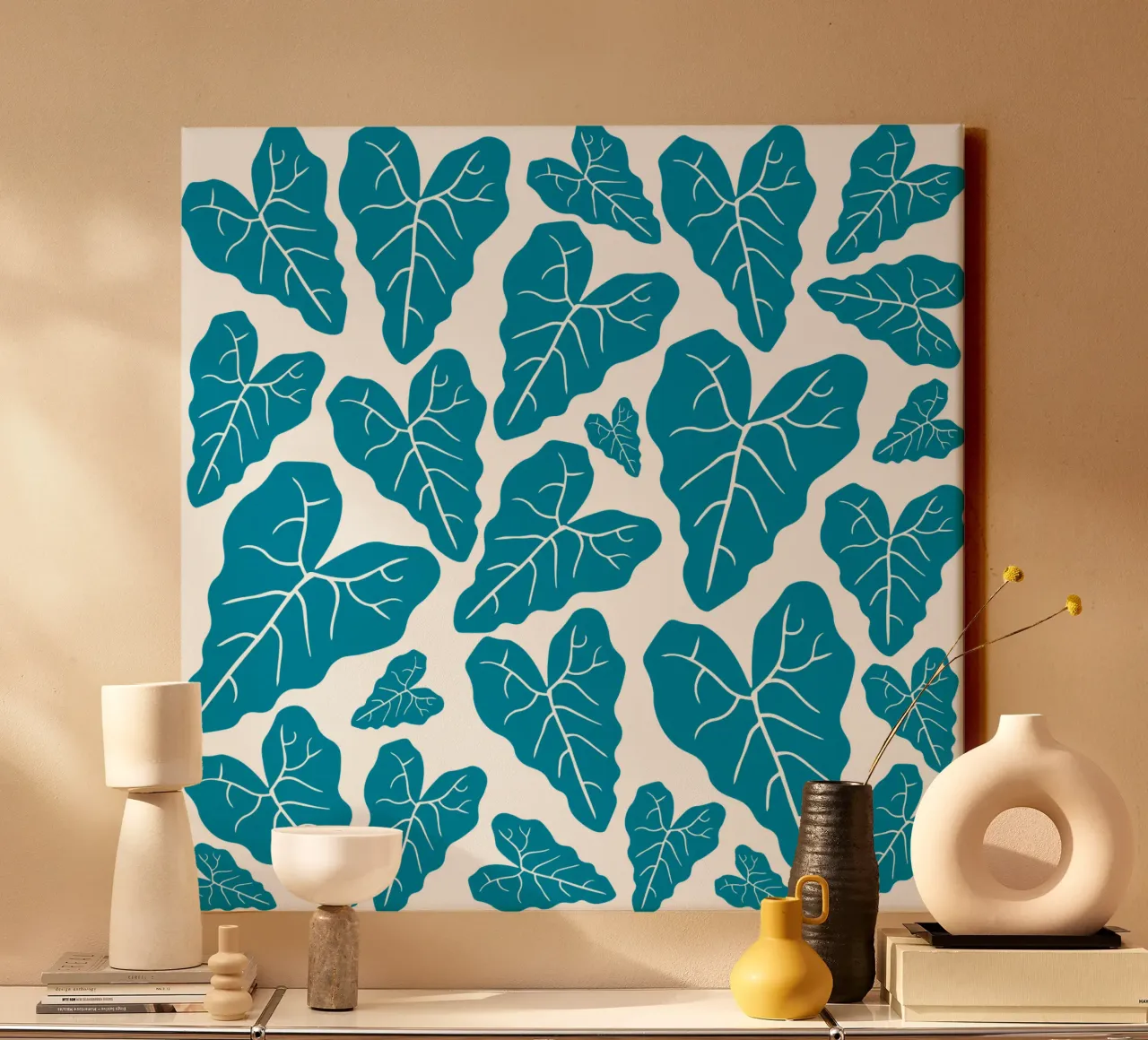 Blue leaves pattern tela con Cornice a cassetta da baobabprintstore