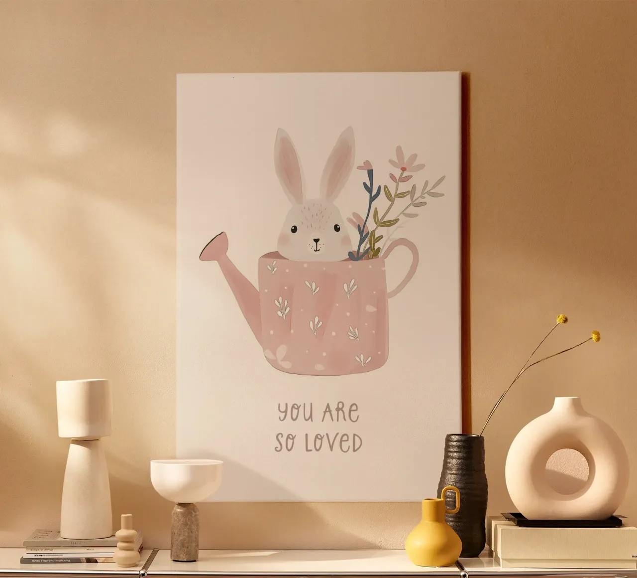 Illustrazione di coniglietto per la stanza dei giochi dei bambini, simpatica decorazione pastello tela con Cornice a cassetta da Little Lola