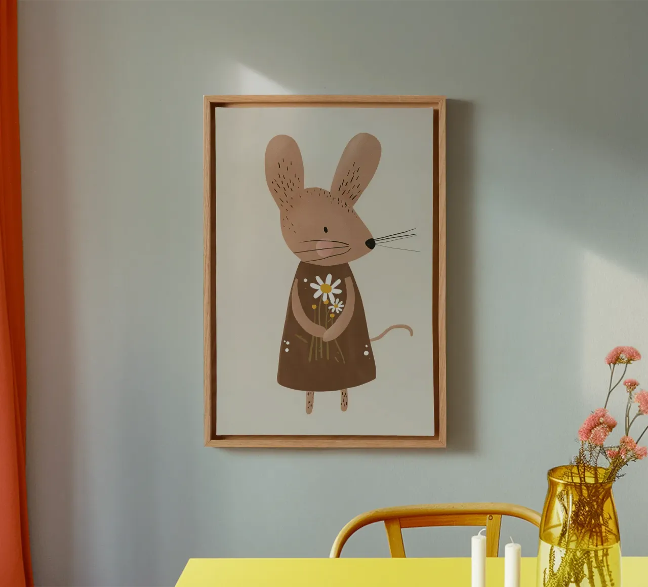 Topo con fiori in mano, simpatica cameretta neutra per bambini tela con Cornice a cassetta da Little Lola