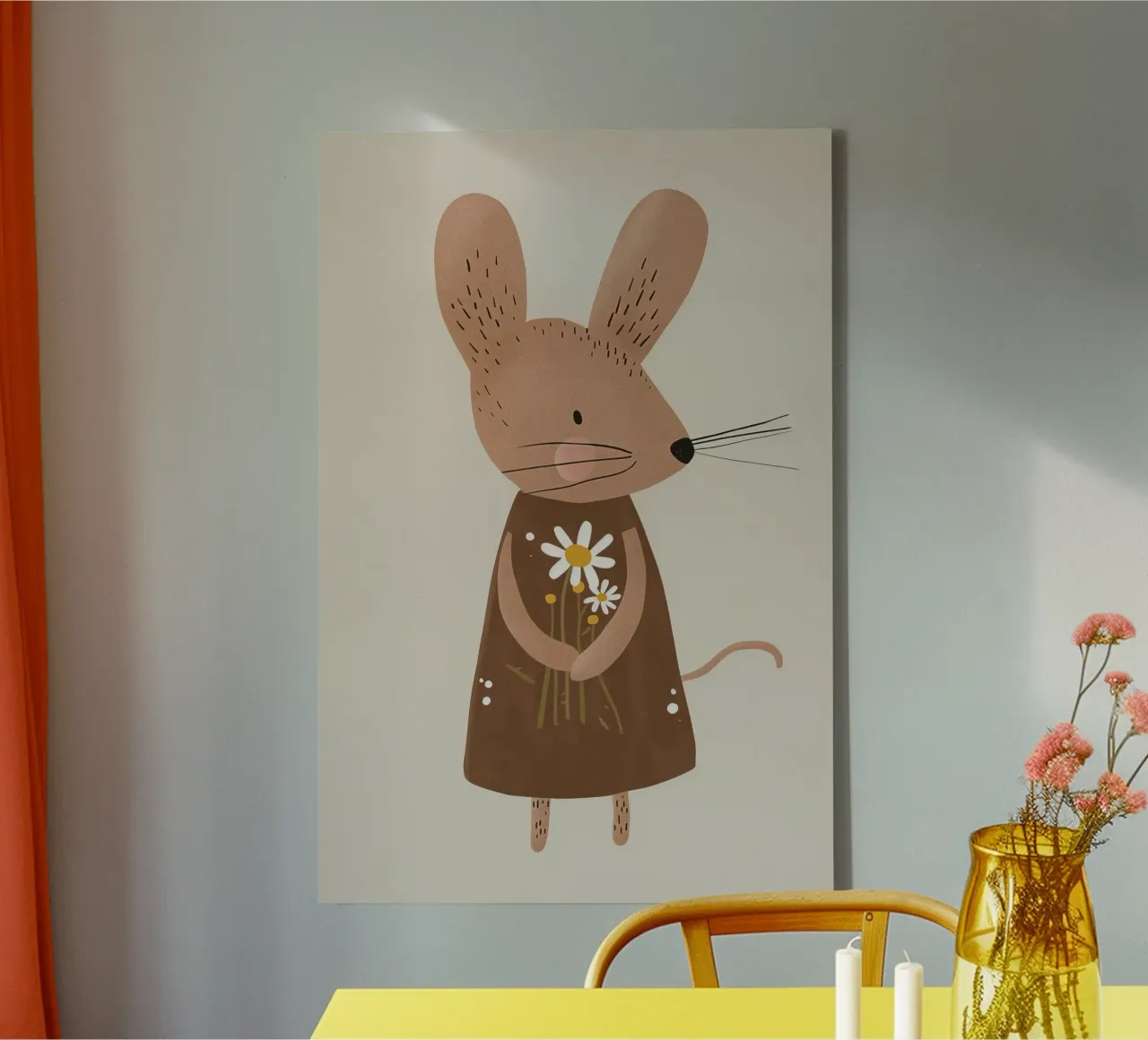 Topo con fiori in mano, simpatica cameretta neutra per bambini tela con Cornice a cassetta da Little Lola