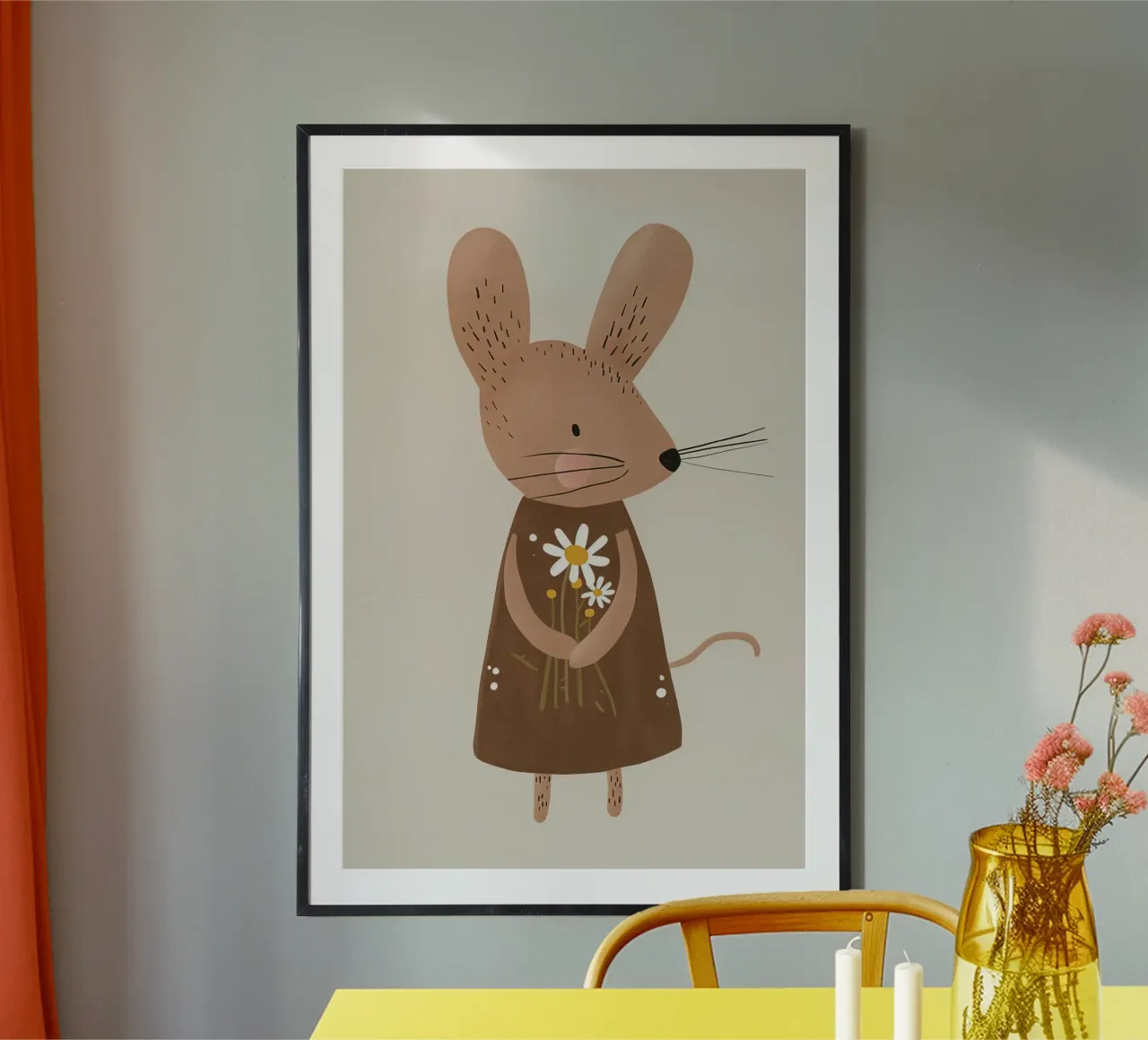 Topo con fiori in mano, simpatica cameretta neutra per bambini poster da Little Lola