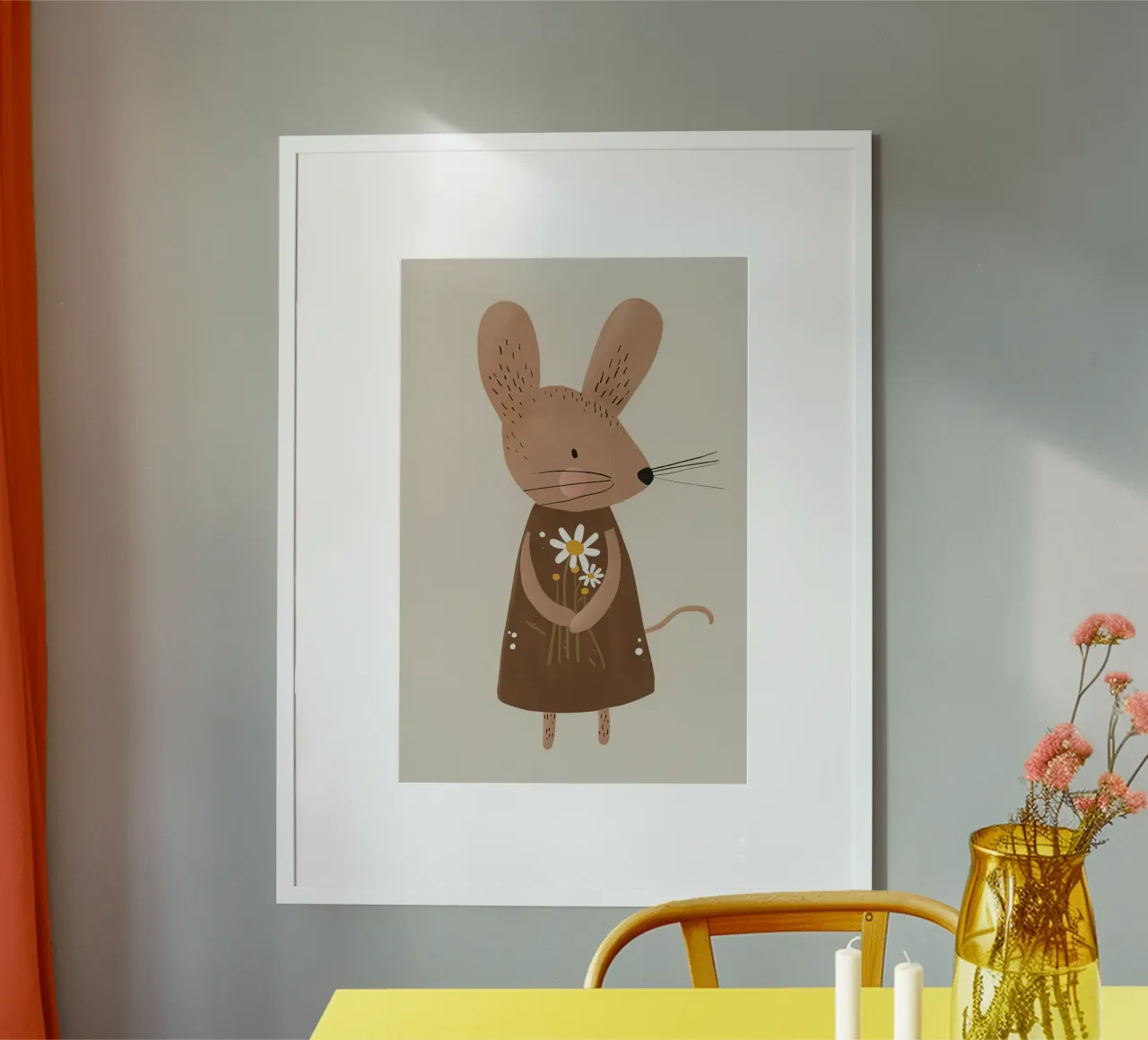 Topo con fiori in mano, simpatica cameretta neutra per bambini poster da Little Lola