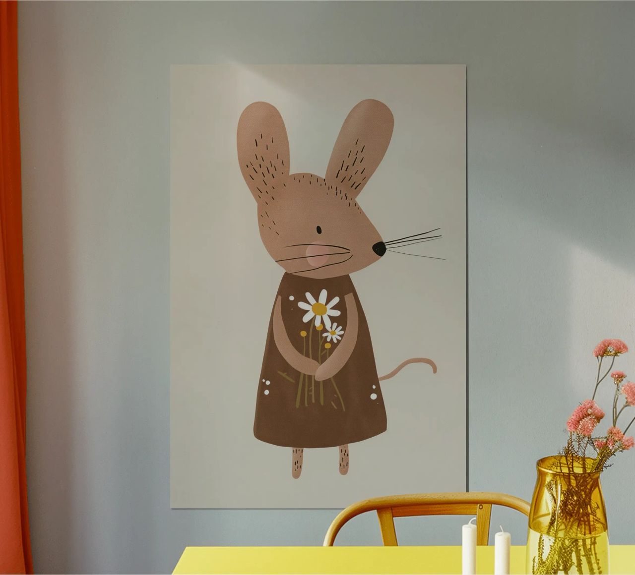 Topo con fiori in mano, simpatica cameretta neutra per bambini poster da Little Lola