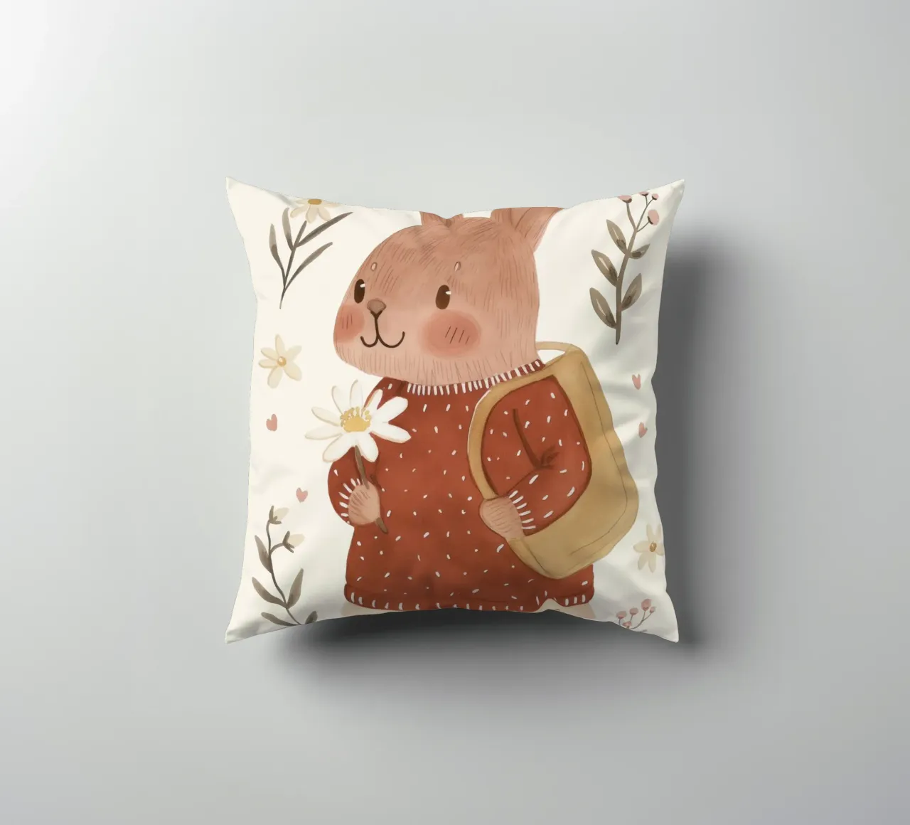 Coniglietto con fiori, illustrazione per bambini cuscino da Little Lola