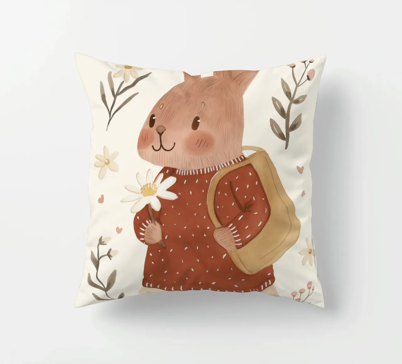 Coniglietto con fiori, illustrazione per bambini cuscino da Little Lola