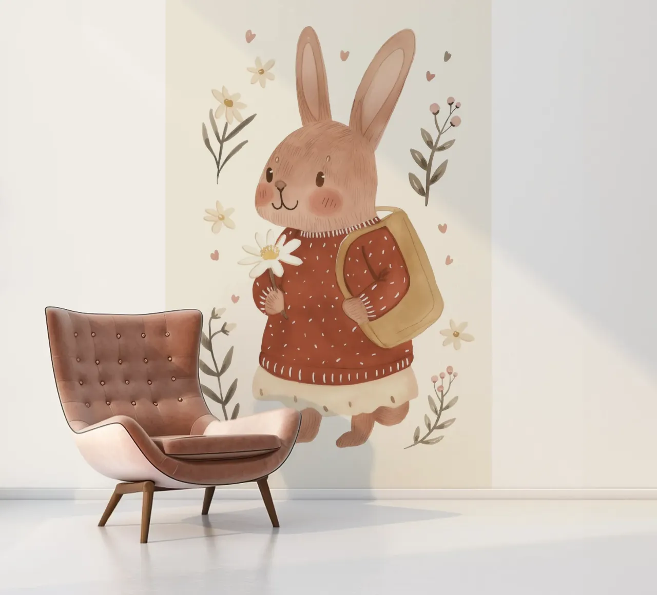 Bunny with Flowers, Kids Nursery Illustraion photo wallpaper by Little Lola