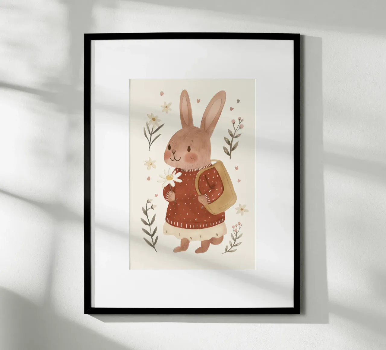 Coniglietto con fiori, illustrazione per bambini poster con telaio in plastica da Little Lola