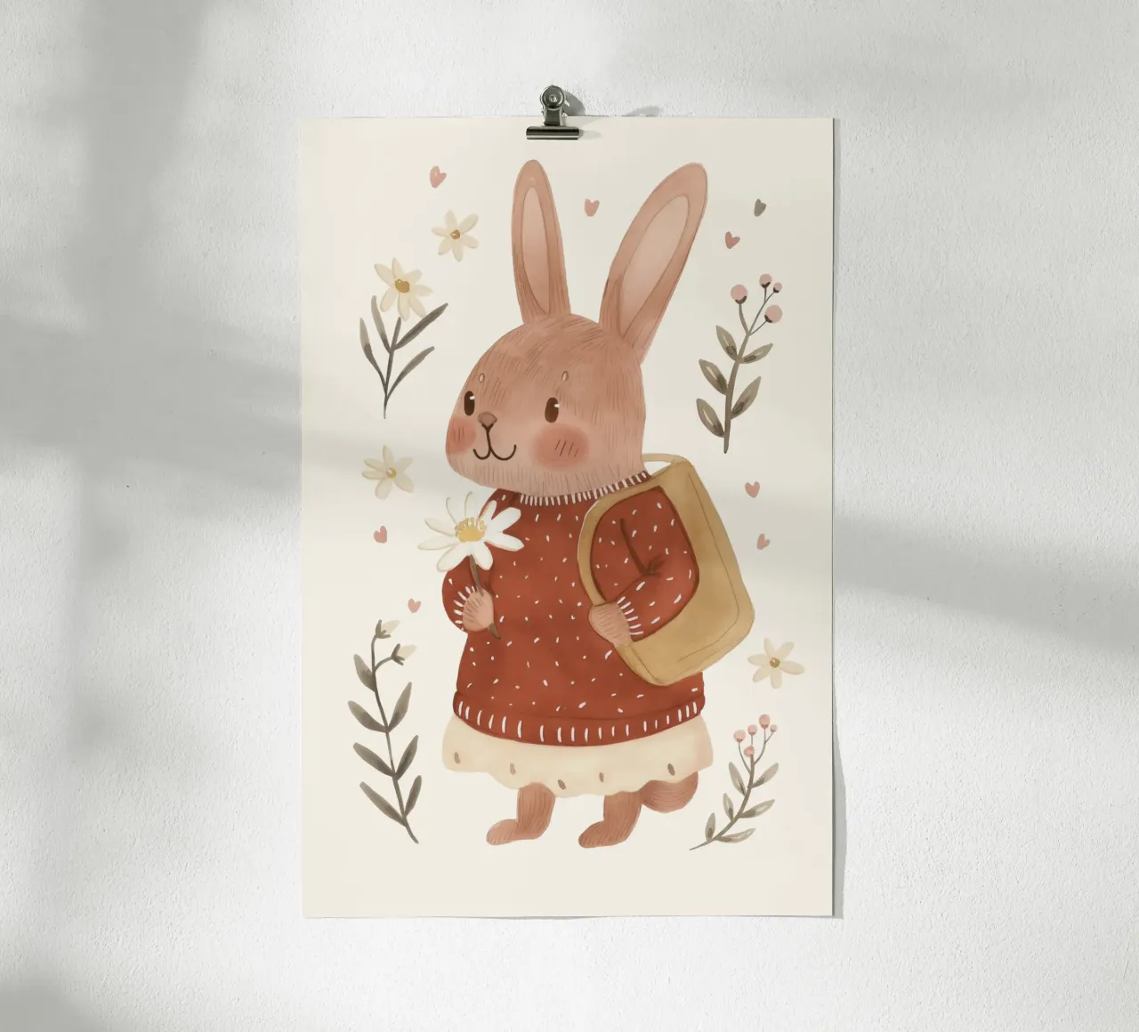 Coniglietto con fiori, illustrazione per bambini poster con telaio in plastica da Little Lola