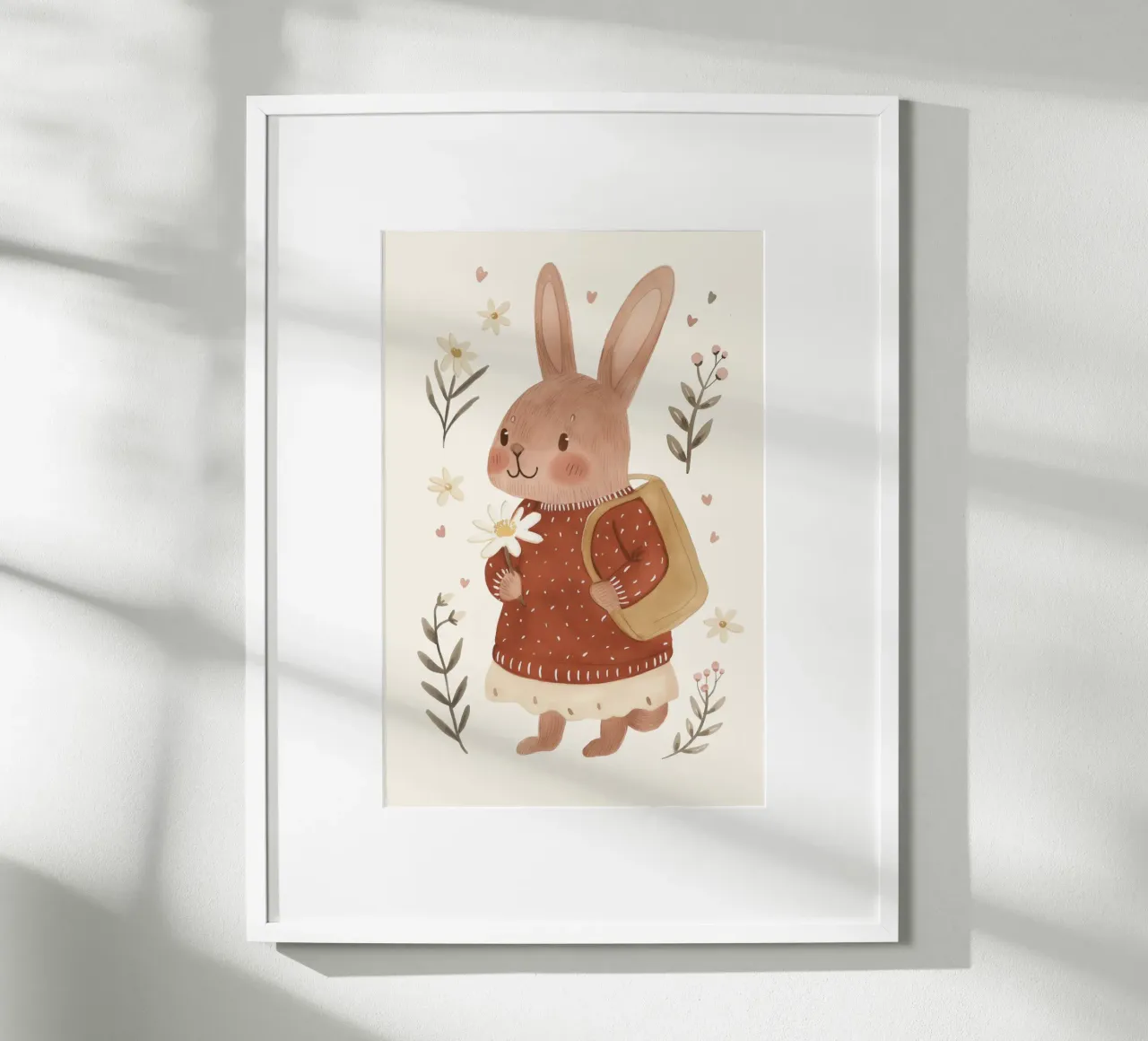 Coniglietto con fiori, illustrazione per bambini poster con telaio in plastica da Little Lola
