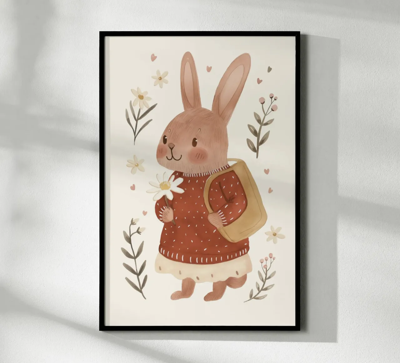 Coniglietto con fiori, illustrazione per bambini poster con telaio in plastica da Little Lola