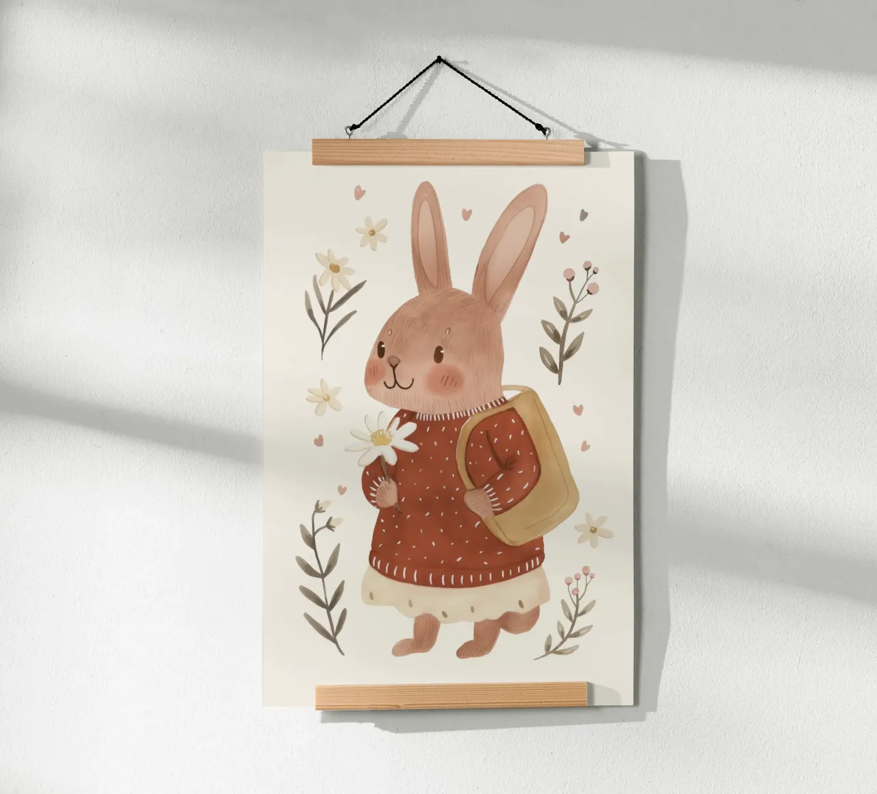 Coniglietto con fiori, illustrazione per bambini poster con telaio in plastica da Little Lola
