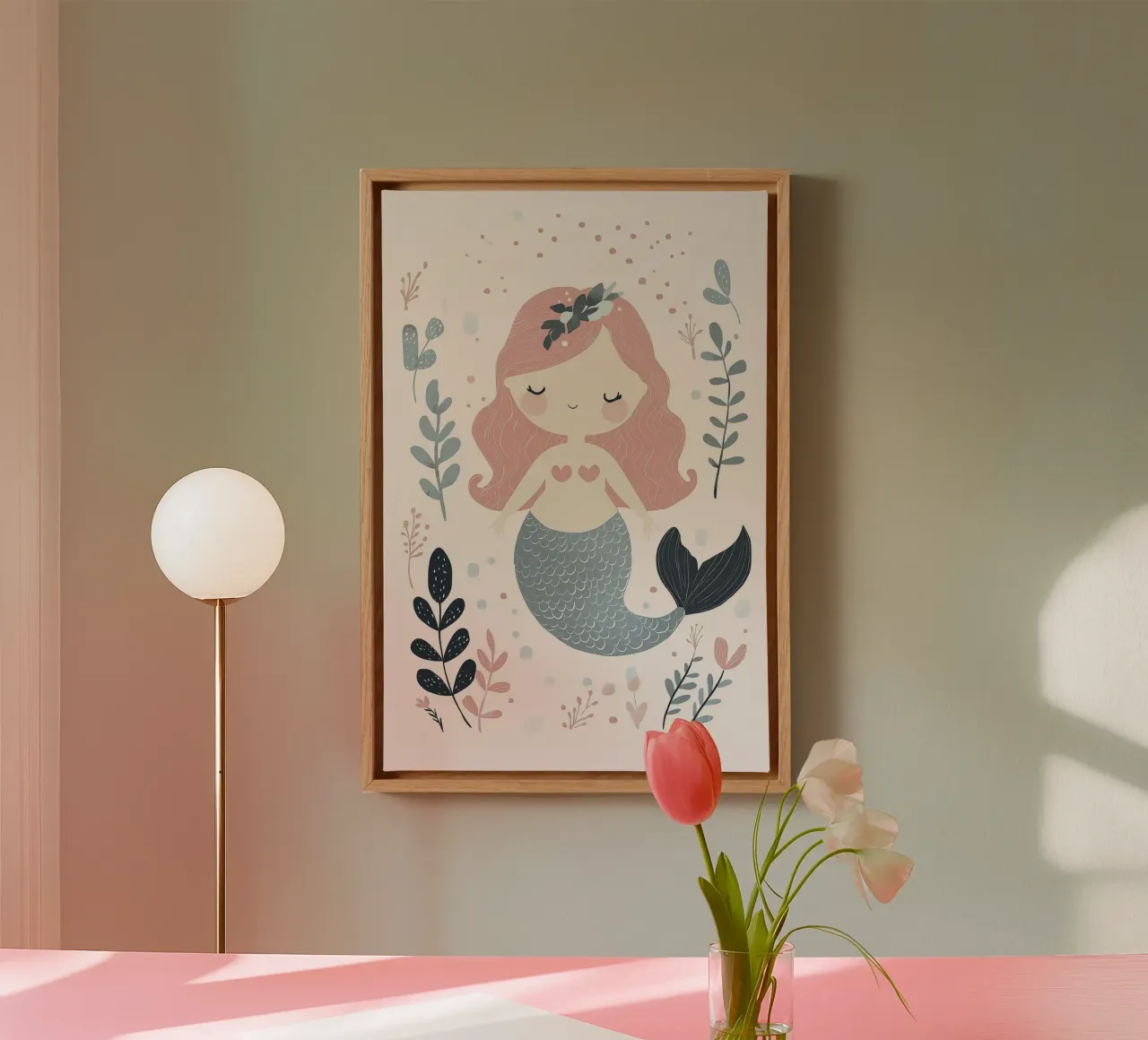 Kleine Zeemeermin, Pastel Muurkunst, Kinderkamer Ontwerp canvas met Baklijst van Little Lola