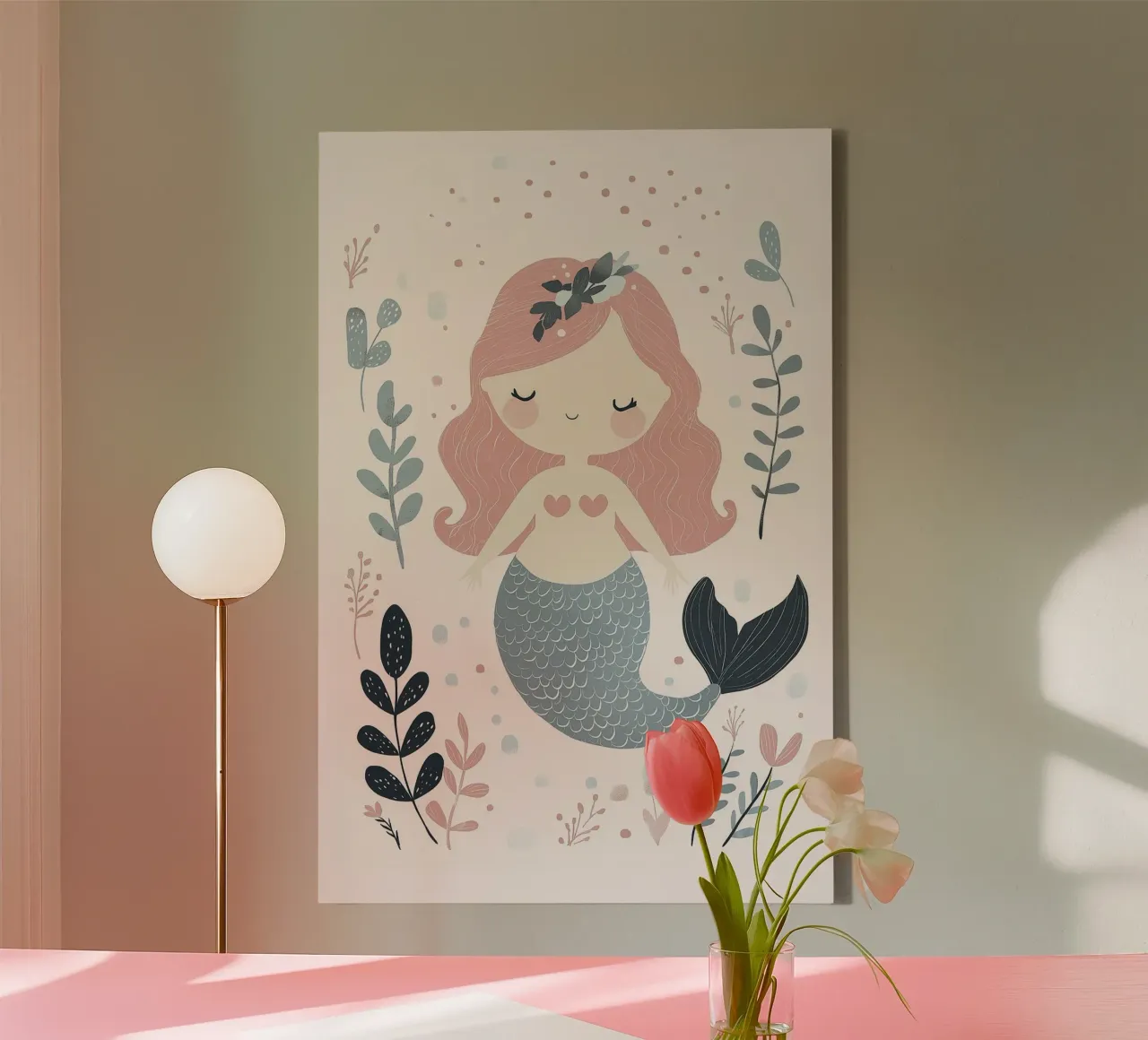 Kleine Zeemeermin, Pastel Muurkunst, Kinderkamer Ontwerp canvas met Baklijst van Little Lola