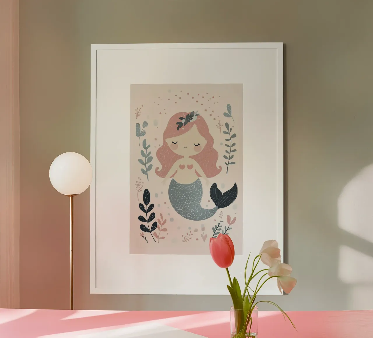 Sirenetta, arte murale pastello, design cameretta per bambini poster con telaio in legno da Little Lola