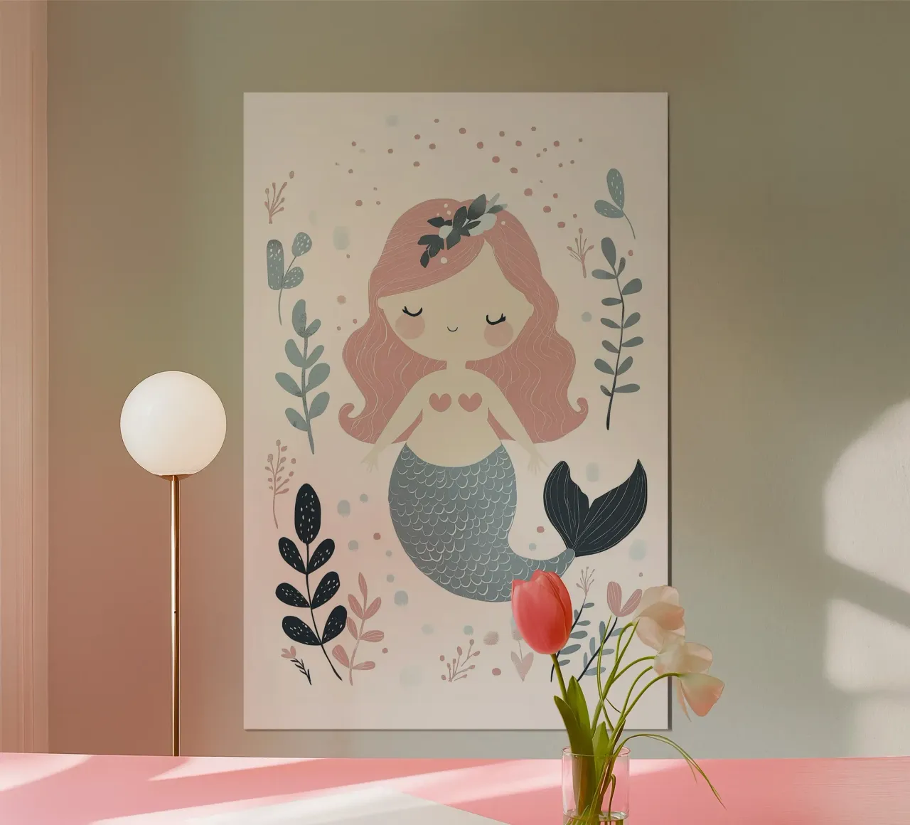 Sirenetta, arte murale pastello, design cameretta per bambini poster con telaio in legno da Little Lola