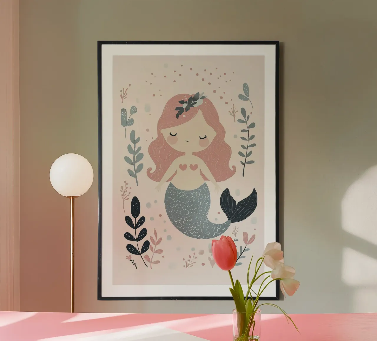 Sirenetta, arte murale pastello, design cameretta per bambini poster con telaio in legno da Little Lola