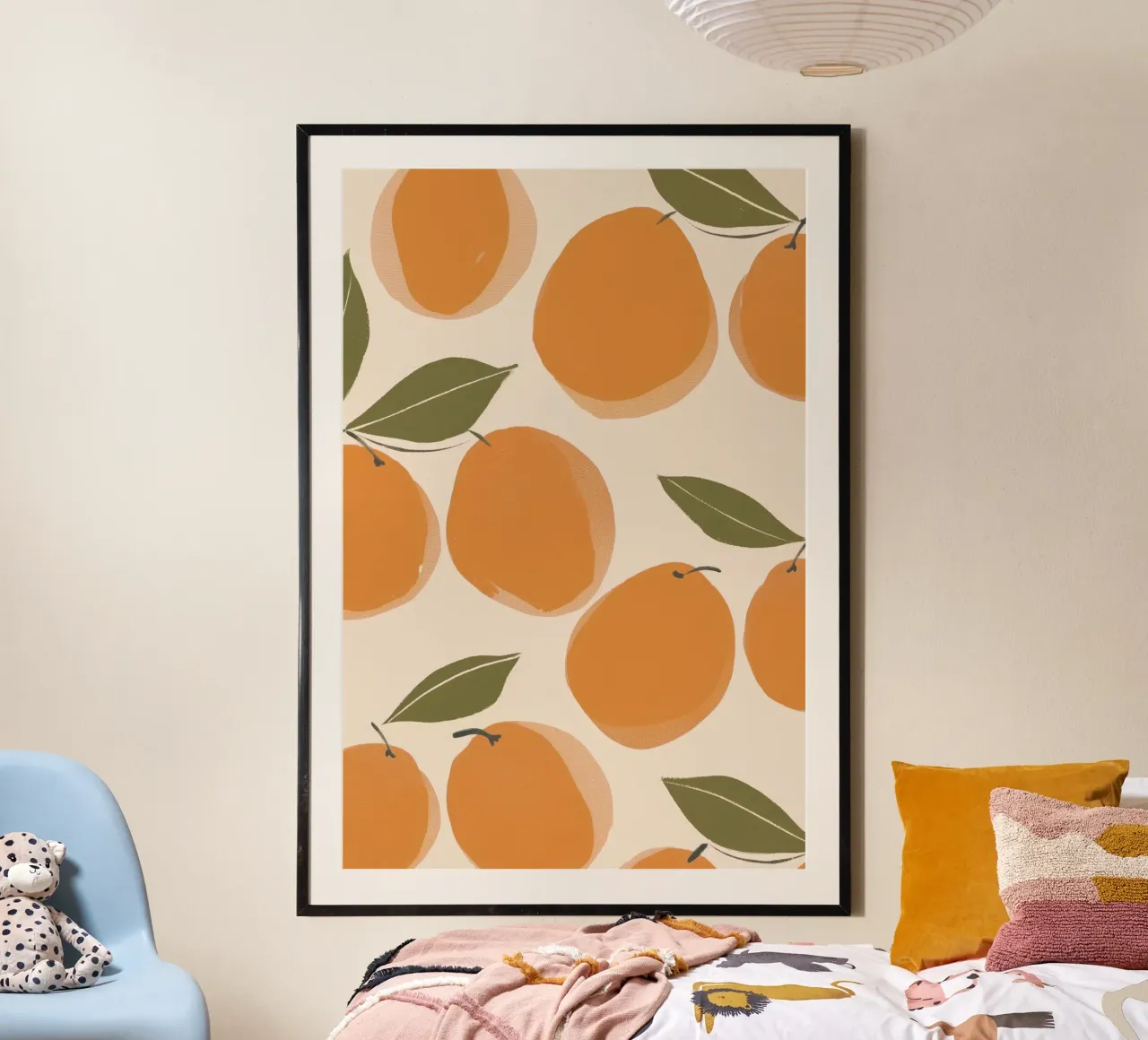 Illustrazione arancione pastello, stampa di frutta, decorazione per l'asilo nido poster con telaio in alluminio da Little Lola