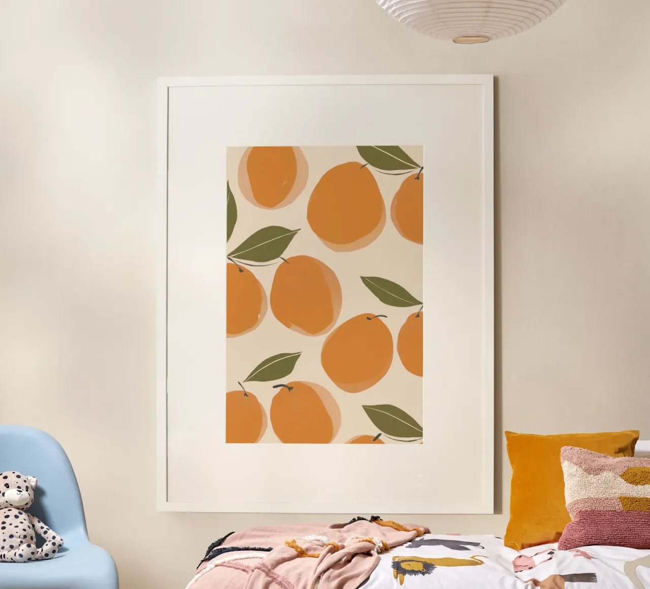 Illustrazione arancione pastello, stampa di frutta, decorazione per l'asilo nido poster con telaio in alluminio da Little Lola