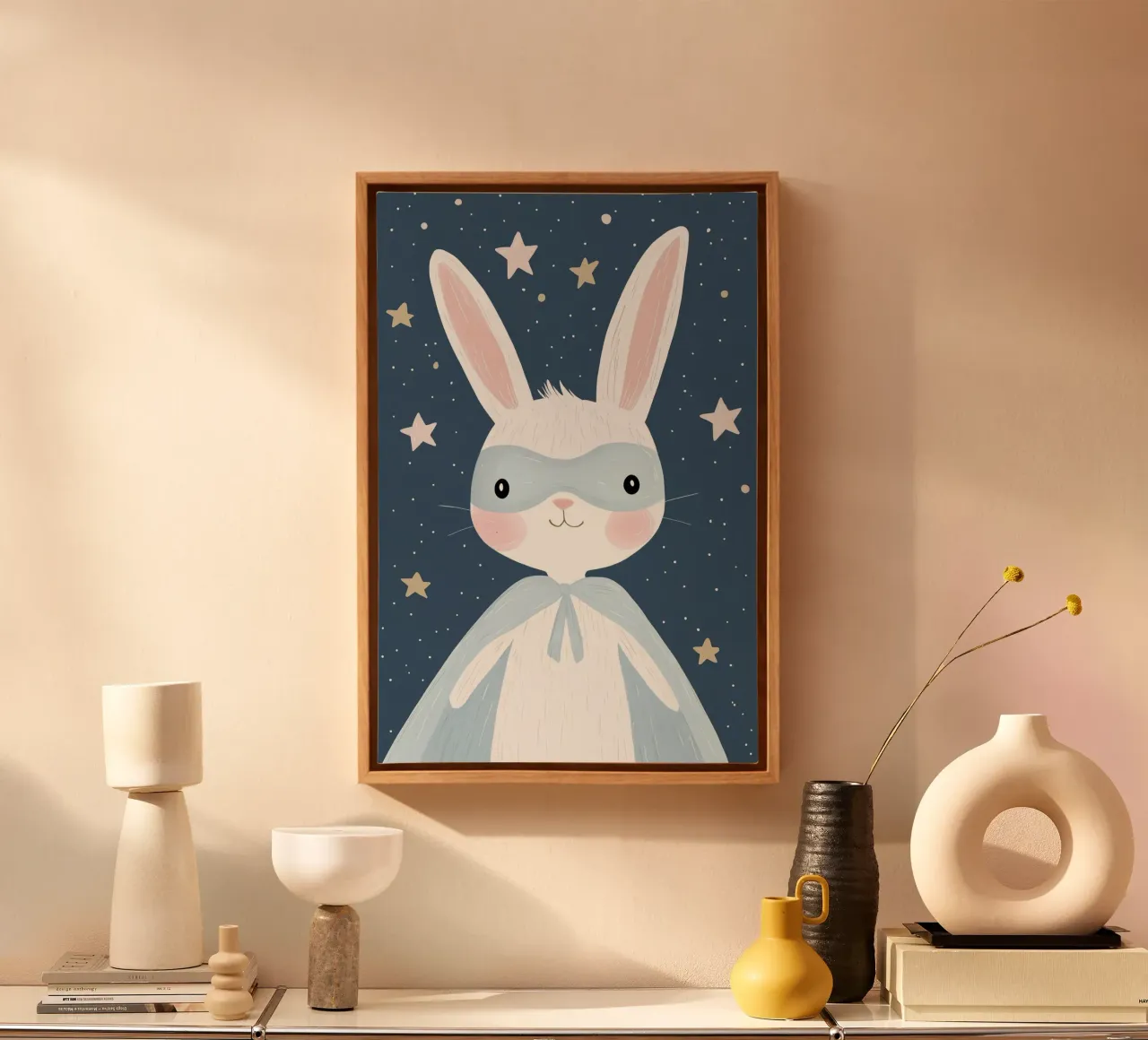 Coniglietto supereroe, decorazioni per la cameretta dei ragazzi, arte per la stanza dei giochi dei bambini tela con Cornice a cassetta da Little Lola