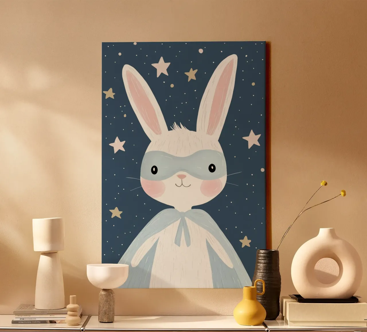 Coniglietto supereroe, decorazioni per la cameretta dei ragazzi, arte per la stanza dei giochi dei bambini tela con Cornice a cassetta da Little Lola