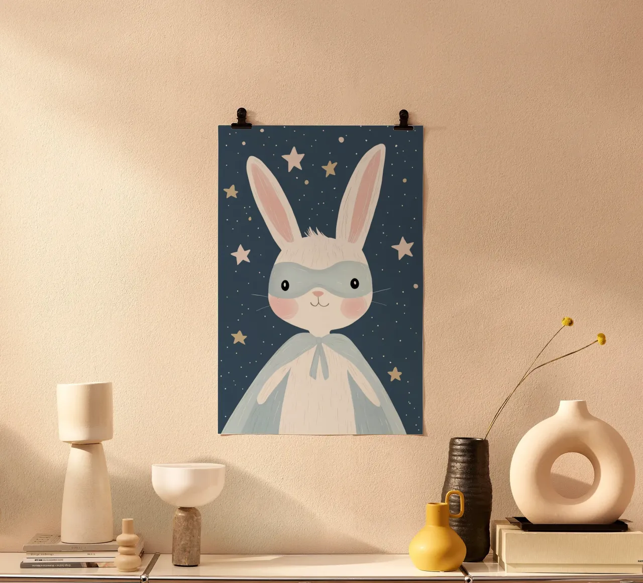Coniglietto supereroe, decorazioni per la cameretta dei ragazzi, arte per la stanza dei giochi dei bambini poster da Little Lola
