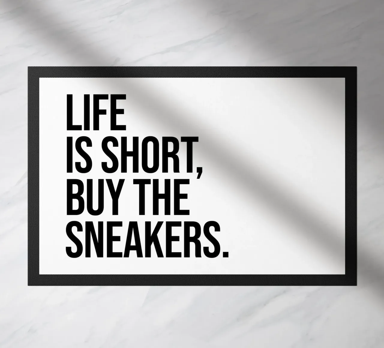 Life is short buy the sneakers quotes doormat by Paigaam Studio