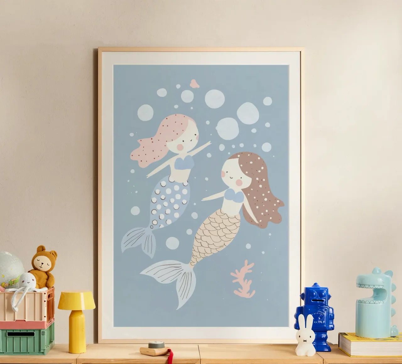 Illustrazione di una sirena, decorazione della cameretta dei bambini, arte murale della stanza dei giochi poster con telaio in legno da Little Lola
