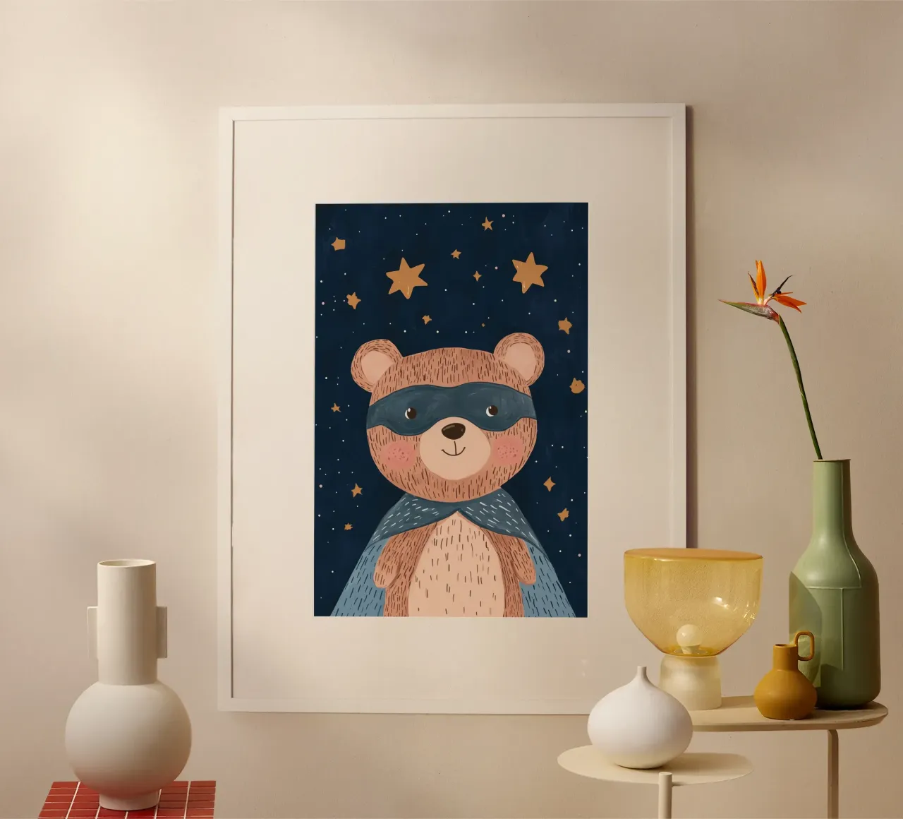 Orso supereroe, decorazioni per camerette per ragazzi poster con telaio in legno da Little Lola